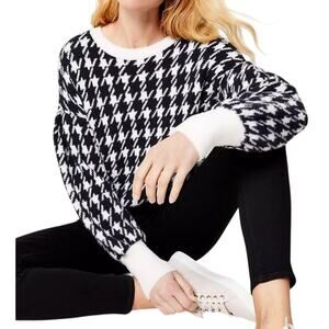 LOFT NEW $80 Black White Houndstooth Sweater Balloon Sleeves XL